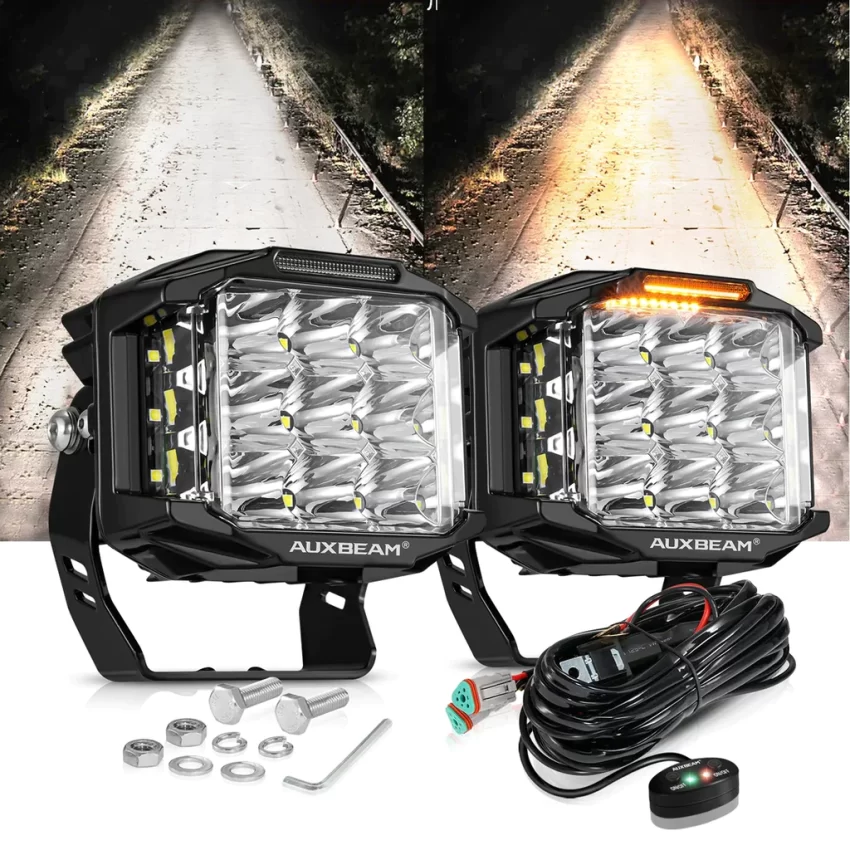 Auxbeam 5 Inch 168W 16440LM Side Shooter LED Pod Lights With Amber DRL - Square | Auxbeam | Auxbeam Pod Lights - Image 2