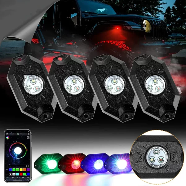 Auxbeam RGB LED Rock Light Set With Bluetooth Controller - 4 Piece Set | Auxbeam | Auxbeam LED Fancy Lights
