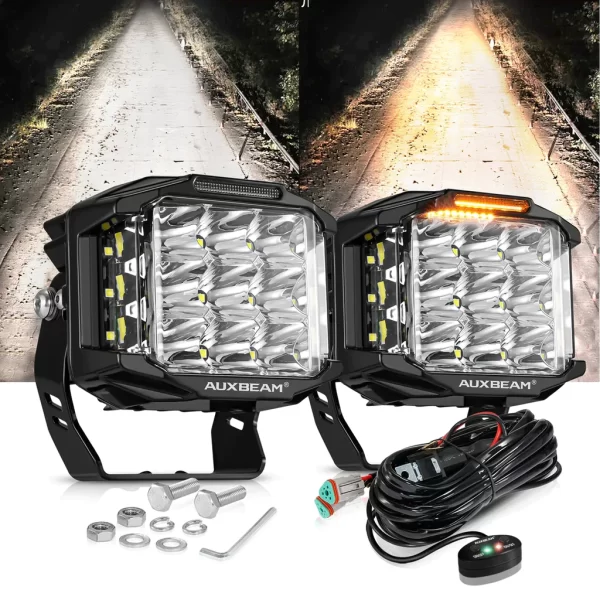 Auxbeam 5 Inch 168W 16440LM Side Shooter LED Pod Lights With Amber DRL - Square | Auxbeam | Auxbeam Pod Lights