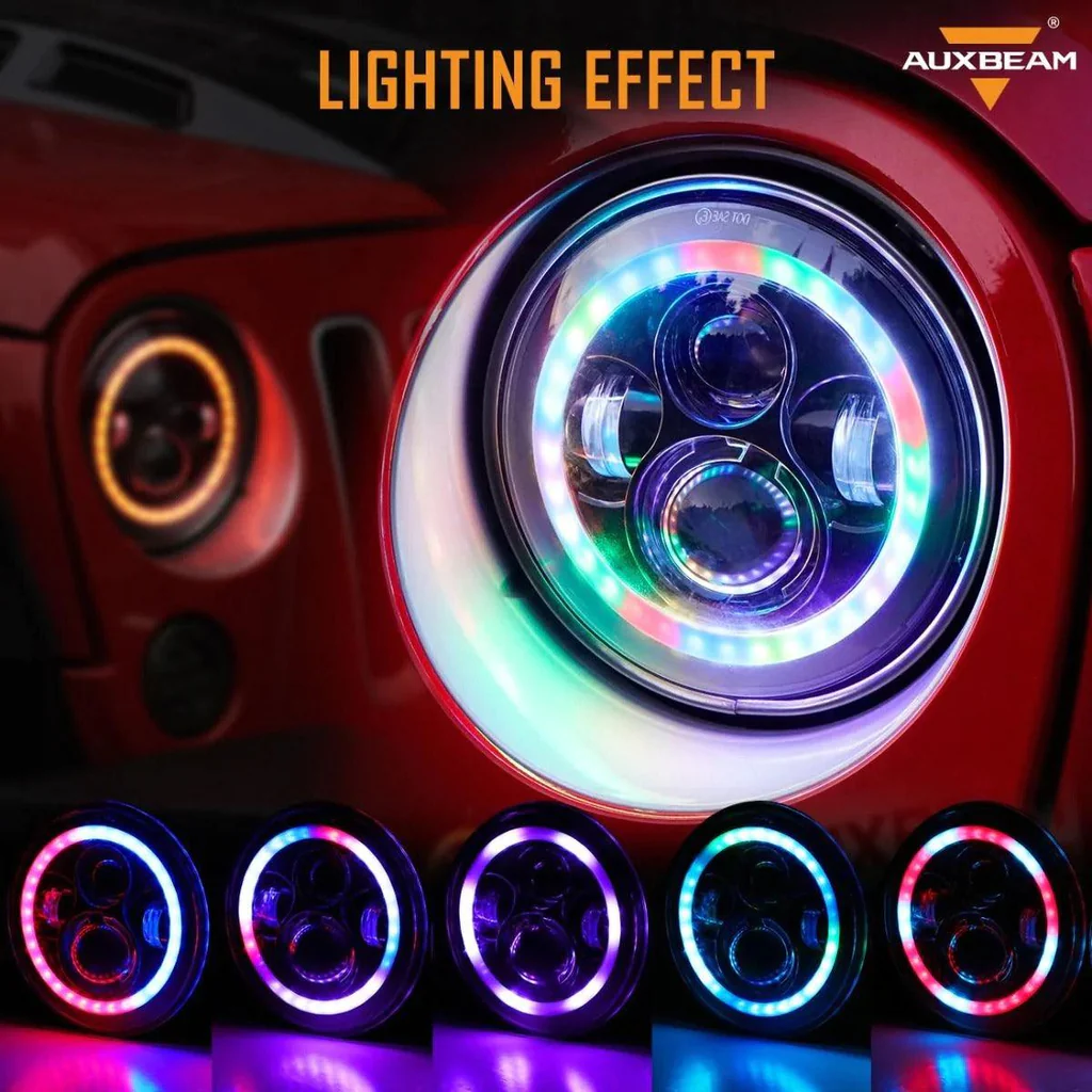 Auxbeam 7 Inch 90W Round 4200 Lumens LED Headlight with RGB Halo Ring | Auxbeam | Auxbeam LED Headlights Assemblies - Image 3