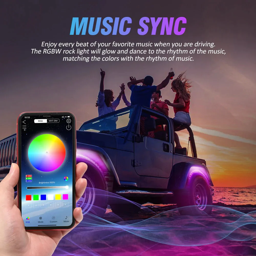 Auxbeam RGBW LED Rock Lights Kit With Bluetooth App & Wireless Remote Control, Multicolor Neon Underglow Lights | Auxbeam | Auxbeam LED Fancy Lights - Image 3