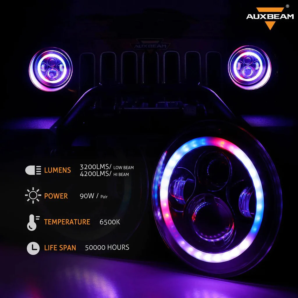 Auxbeam 7 Inch 90W Round 4200 Lumens LED Headlight with RGB Halo Ring | Auxbeam | Auxbeam LED Headlights Assemblies - Image 4