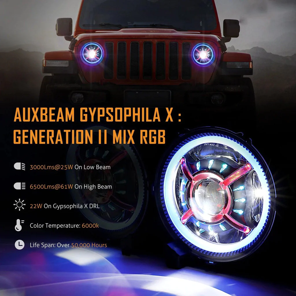 Auxbeam 9 Inch RGB Headlights Replacement Bluetooth Control W/DRL | Auxbeam | Auxbeam LED Headlights Assemblies - Image 4