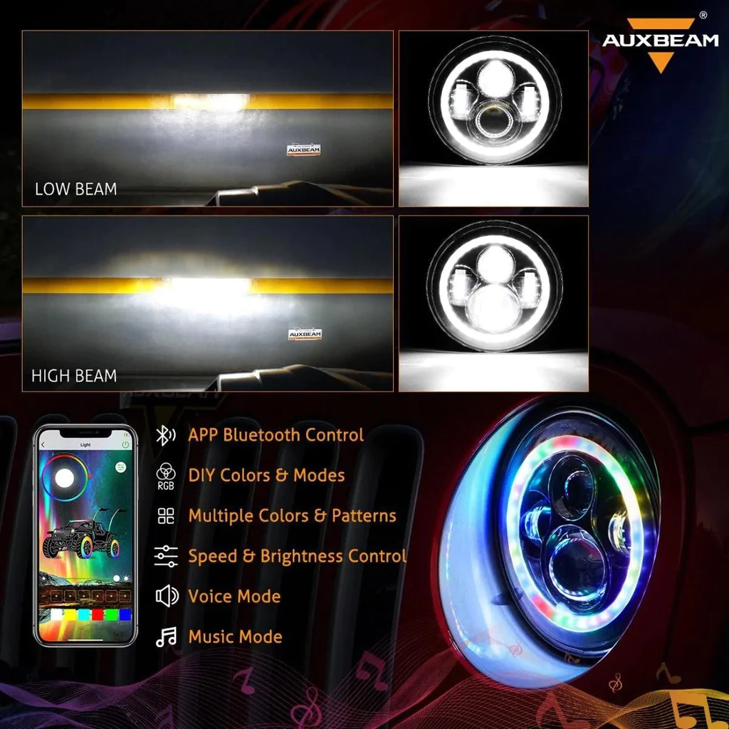 Auxbeam 7 Inch 90W Round 4200 Lumens LED Headlight with RGB Halo Ring | Auxbeam | Auxbeam LED Headlights Assemblies - Image 5