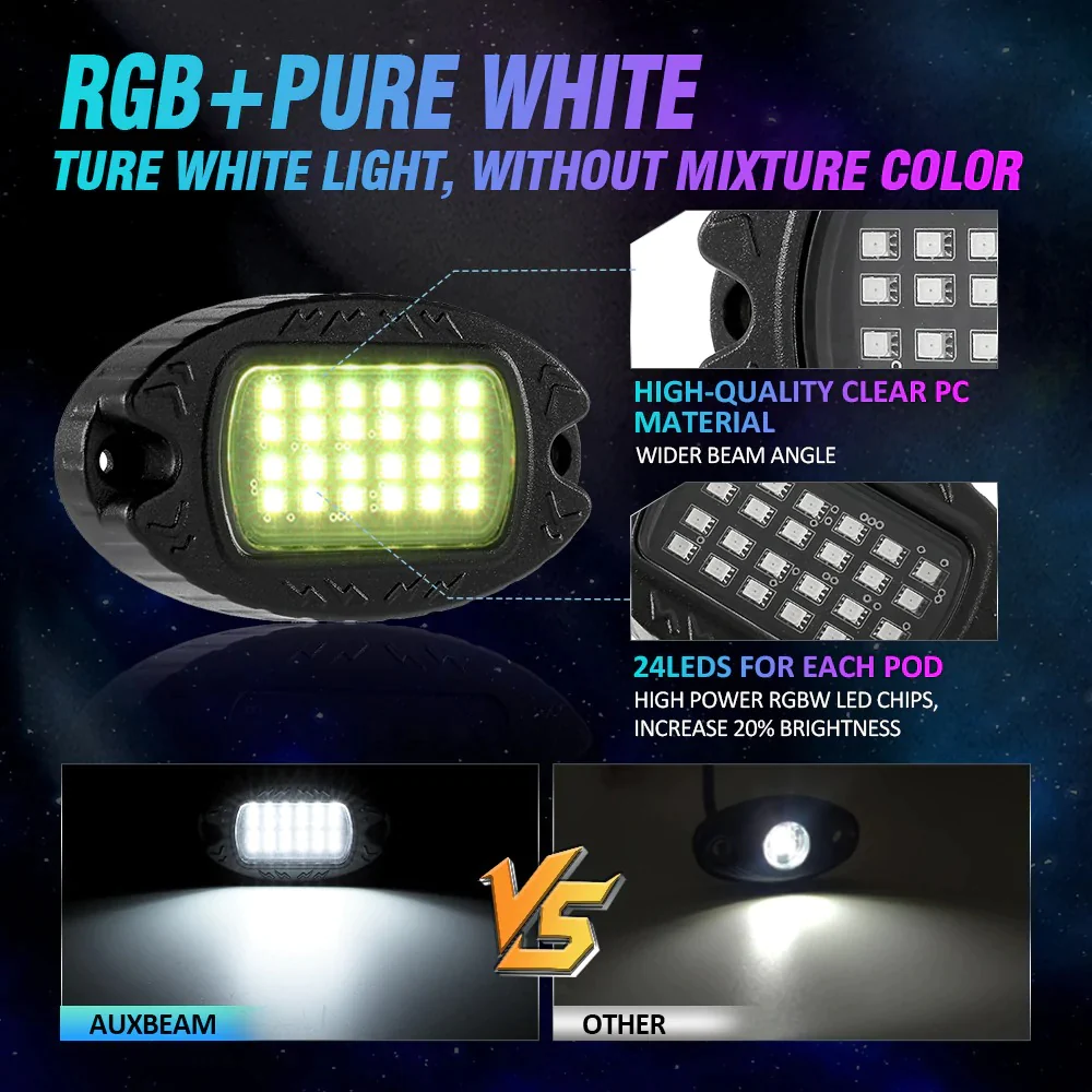 Auxbeam RGBW LED Rock Lights Kit With Bluetooth App & Wireless Remote Control, Multicolor Neon Underglow Lights | Auxbeam | Auxbeam LED Fancy Lights - Image 5