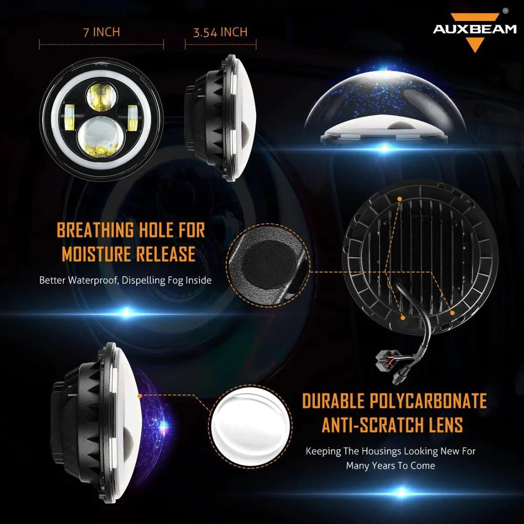 Auxbeam 7 Inch 90W Round 4200 Lumens LED Headlight with RGB Halo Ring | Auxbeam | Auxbeam LED Headlights Assemblies - Image 6