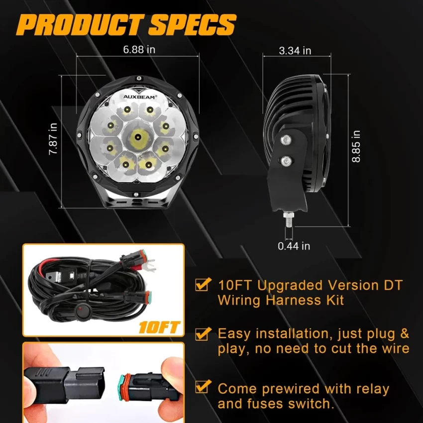 Auxbeam 7 Inch 90W Round Spot Beam Offroad LED Driving Lights W/SAE Compliant | Auxbeam LED Driving Lights | Auxbeam - Image 6