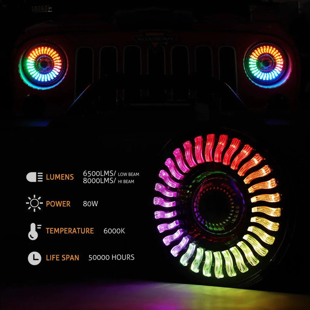 Auxbeam 7 inch 80W 8000Lumens LED Headlight RGB Flowing Halo Ring | Auxbeam | Auxbeam LED Headlights Assemblies - Image 6