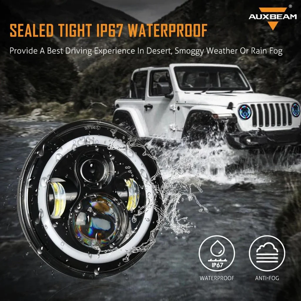 Auxbeam 7 Inch 90W Round 4200 Lumens LED Headlight with RGB Halo Ring | Auxbeam | Auxbeam LED Headlights Assemblies - Image 7