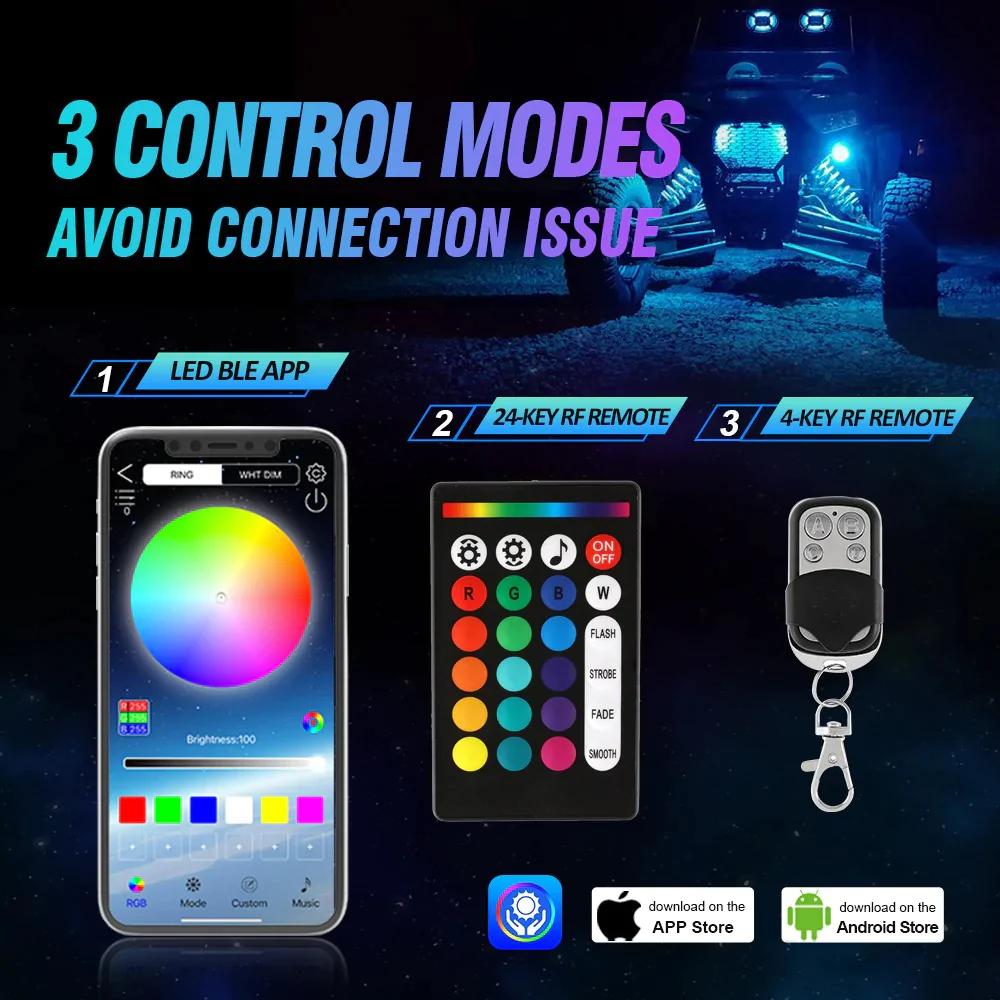 Auxbeam RGBW LED Rock Lights Kit With Bluetooth App & Wireless Remote Control, Multicolor Neon Underglow Lights | Auxbeam | Auxbeam LED Fancy Lights - Image 7