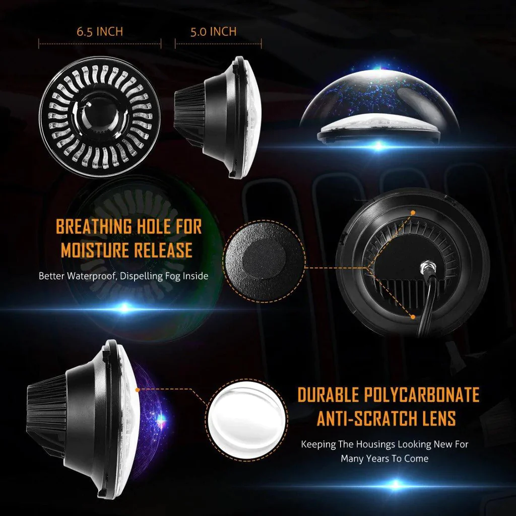 Auxbeam 7 inch 80W 8000Lumens LED Headlight RGB Flowing Halo Ring | Auxbeam | Auxbeam LED Headlights Assemblies - Image 8