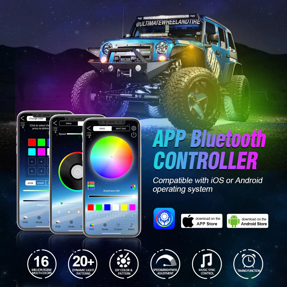 Auxbeam RGBW LED Rock Lights Kit With Bluetooth App & Wireless Remote Control, Multicolor Neon Underglow Lights | Auxbeam | Auxbeam LED Fancy Lights - Image 8