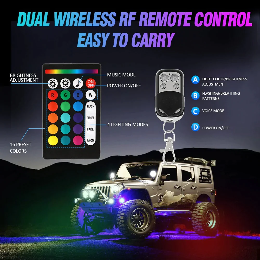 Auxbeam RGBW LED Rock Lights Kit With Bluetooth App & Wireless Remote Control, Multicolor Neon Underglow Lights | Auxbeam | Auxbeam LED Fancy Lights - Image 9
