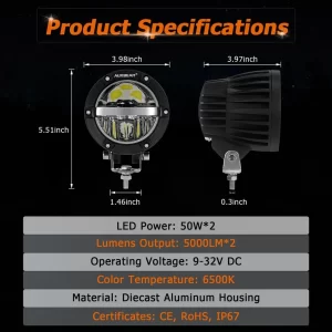 Auxbeam 4 Inch 110W Round OFF Road LED Pod Lights Combo Beam With Wiring Harness | Auxbeam | Auxbeam Auxiliary Lights - Image 4