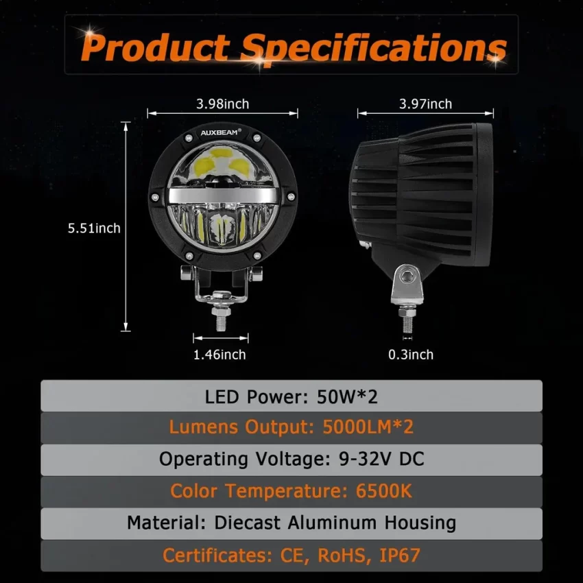 Auxbeam 4 Inch 110W Round OFF Road LED Pod Lights Combo Beam With Wiring Harness | Auxbeam | Auxbeam Auxiliary Lights - Image 4